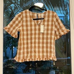 Rylee + Cru Brown & White Plaid Ruffle Top XS (New with Tags)